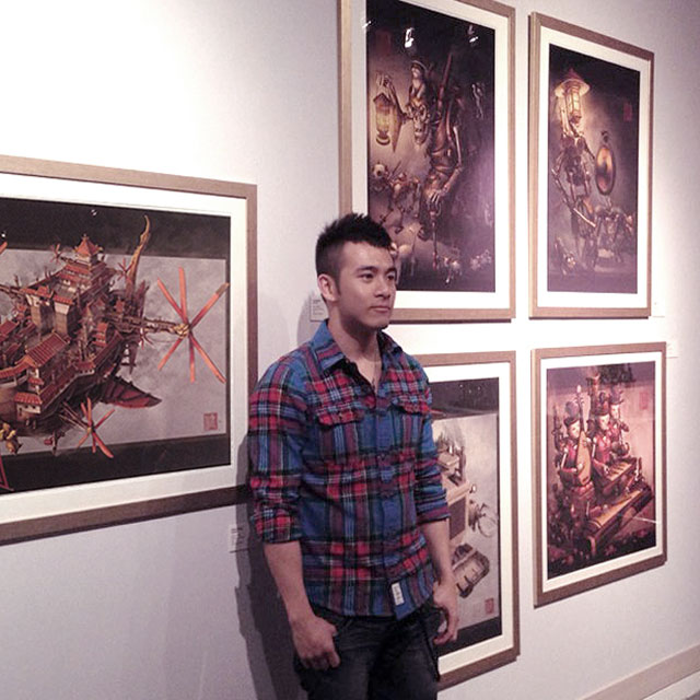 Illustrator James Ng at steampunk art exhibition.