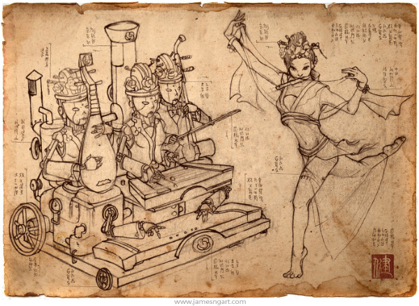 Sketch of Court Band Asian steampunk concept art.
