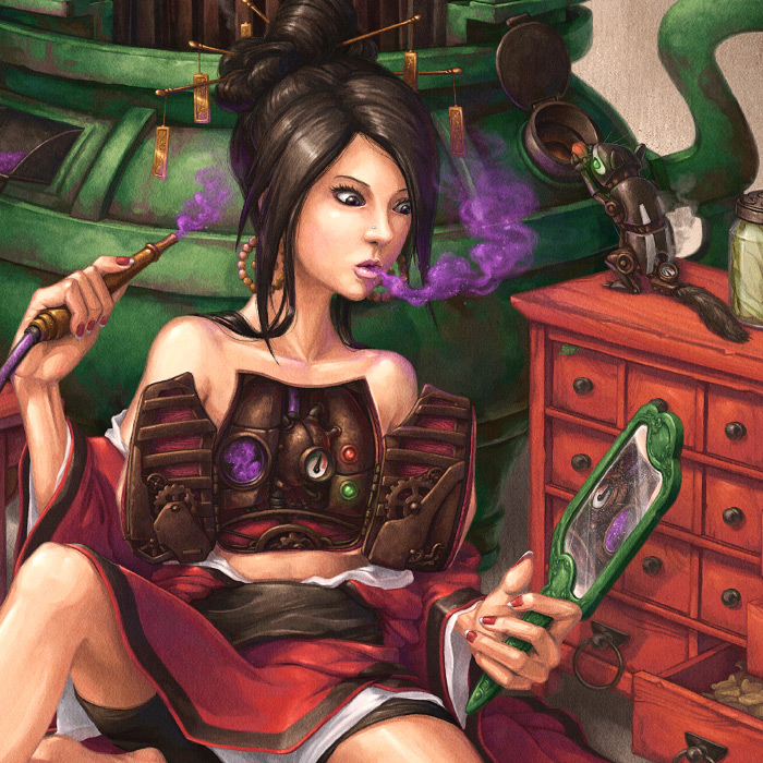 Detail of Crystal Herbalists clockwork lungs and steampunk chipmunk pet illustration.