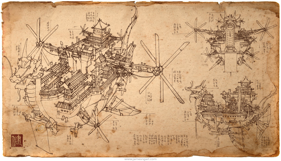 Sketch of Asian steampunk Imperial Airship.