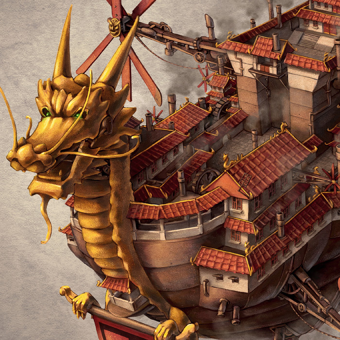 Detail of Chinese steampunk Dragon Imperial Airship.