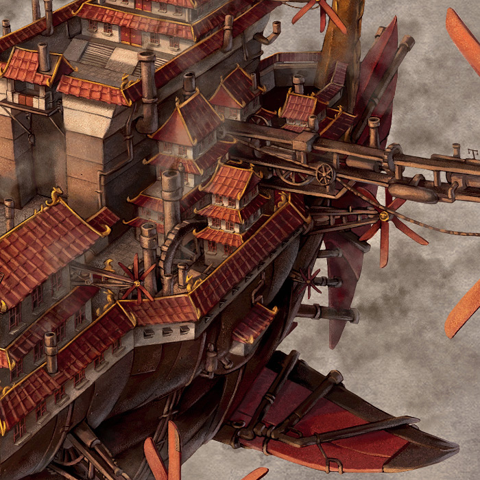 Detail of steampunk machine design of Imperial Airship.