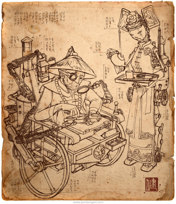 Draft of Asian steampunk Imperial Inventor character illustration.