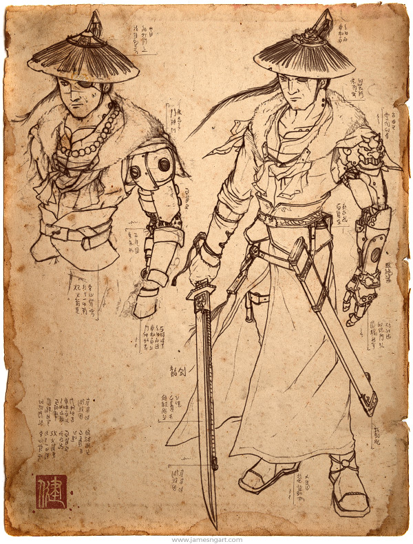 Draft of Imperial Sheriff Asian steampunk warrior concept art.