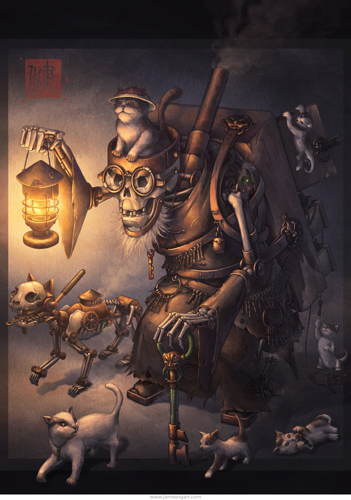 Key Keeper and cats Chinese steampunk character design.