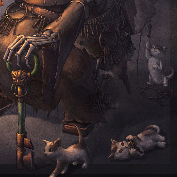Detail of Key Keeper and cats illustration.