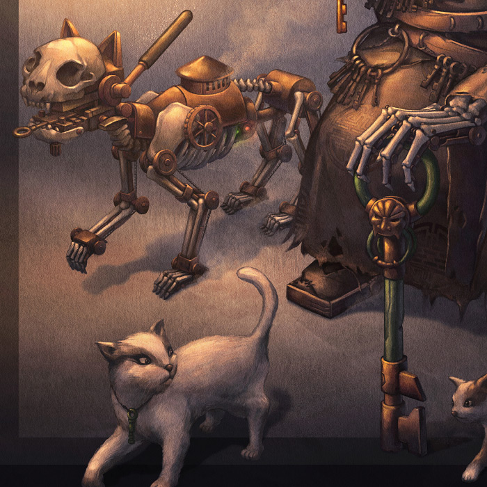 Detail of Key Keeper and steampunk cat concept art.
