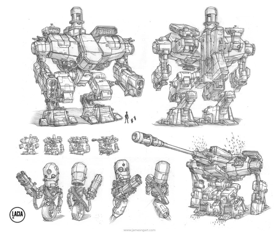 Battle Station sci fi robot character design illustration.