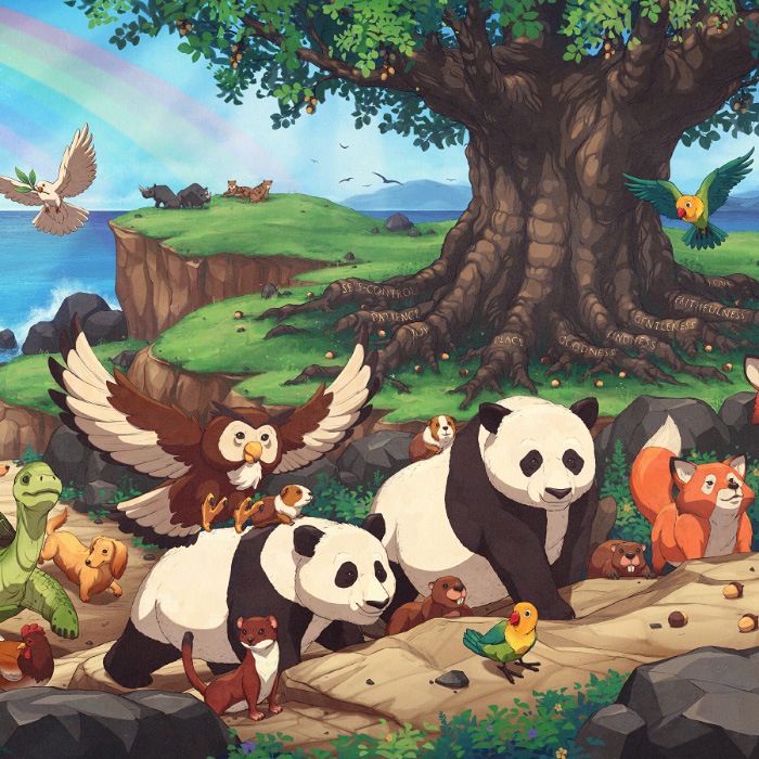 Owls, pandas, weasels on Noah's Ark mural.
