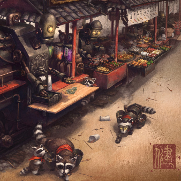 Detail of Raccoon Express steampunk train and robot raccoons concept art.