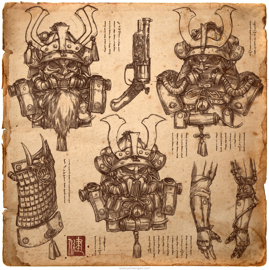 Concept Art of Steampunk Samurai, Steampunk gasmask and armor blue print.