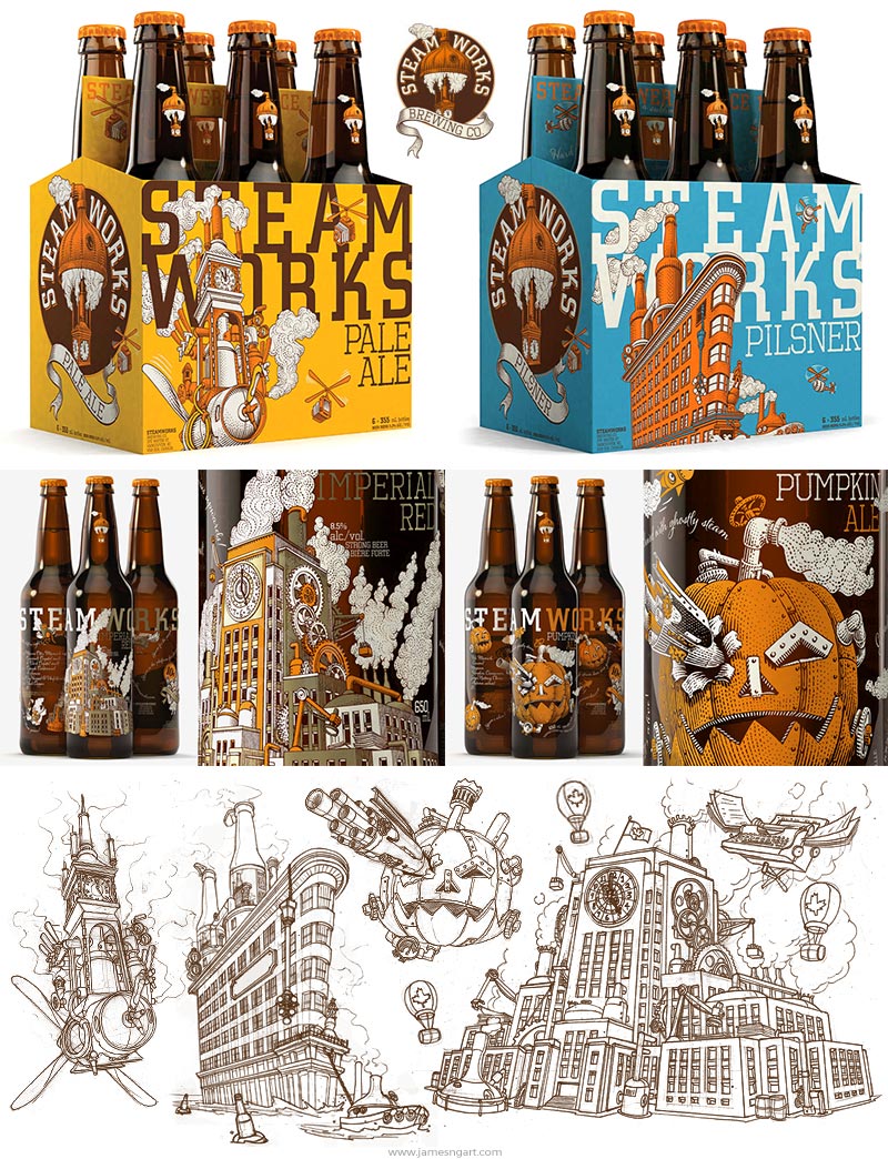 Steamworks Beer branding artwork.
