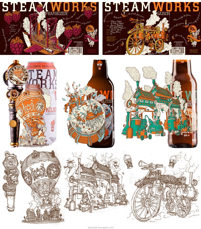 Steamworks Beer branding illustration.