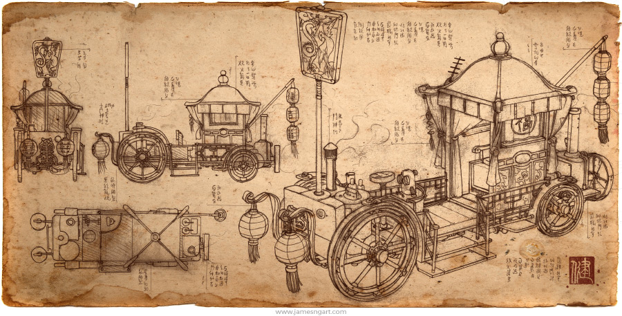 Sketch of Asian steampunk Bridal Carriage blueprint.