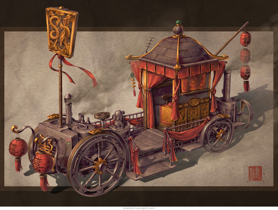 Chinese steampunk Bridal Carriage wedding chariot illustration.