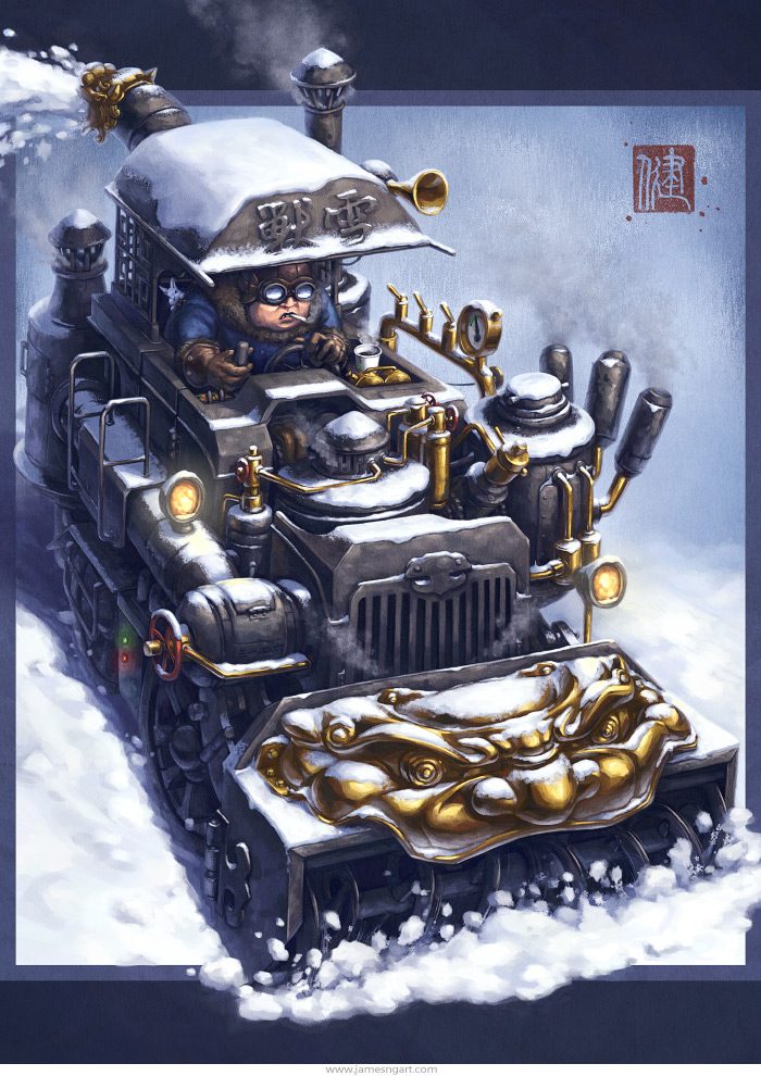 Raccoon Express Chinese Steampunk Print by James Ng 