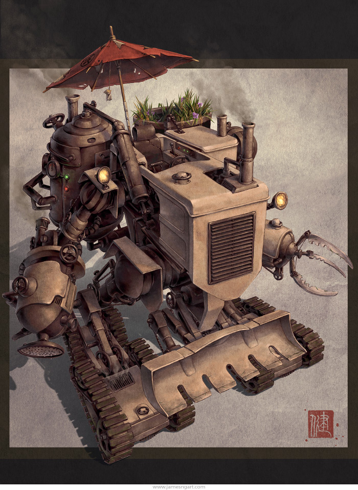Chinese Steampunk Harvester farming robot concept art.