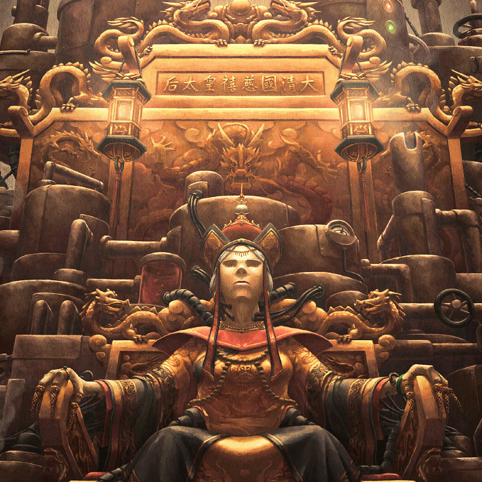 Detail of Immortal Empress golden steampunk throne.