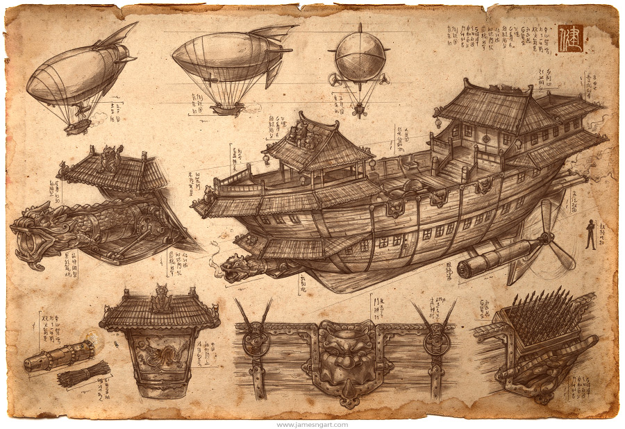 Imperial Convoy Chinese steampunk airship blueprint illustration.